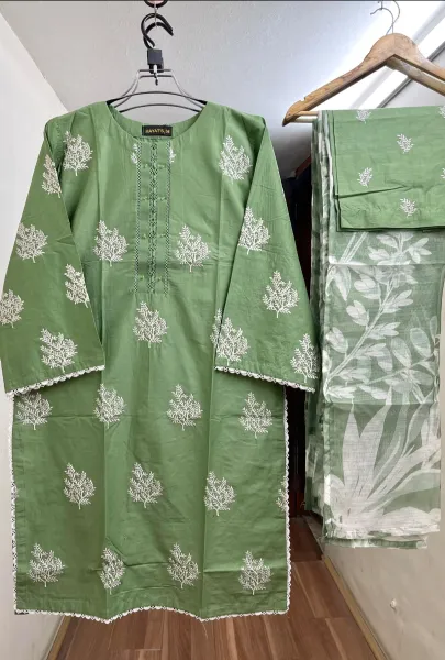 Pakistani Original Hayat’s Embroidered Stitched Cotton 3Pcs _ Green  
